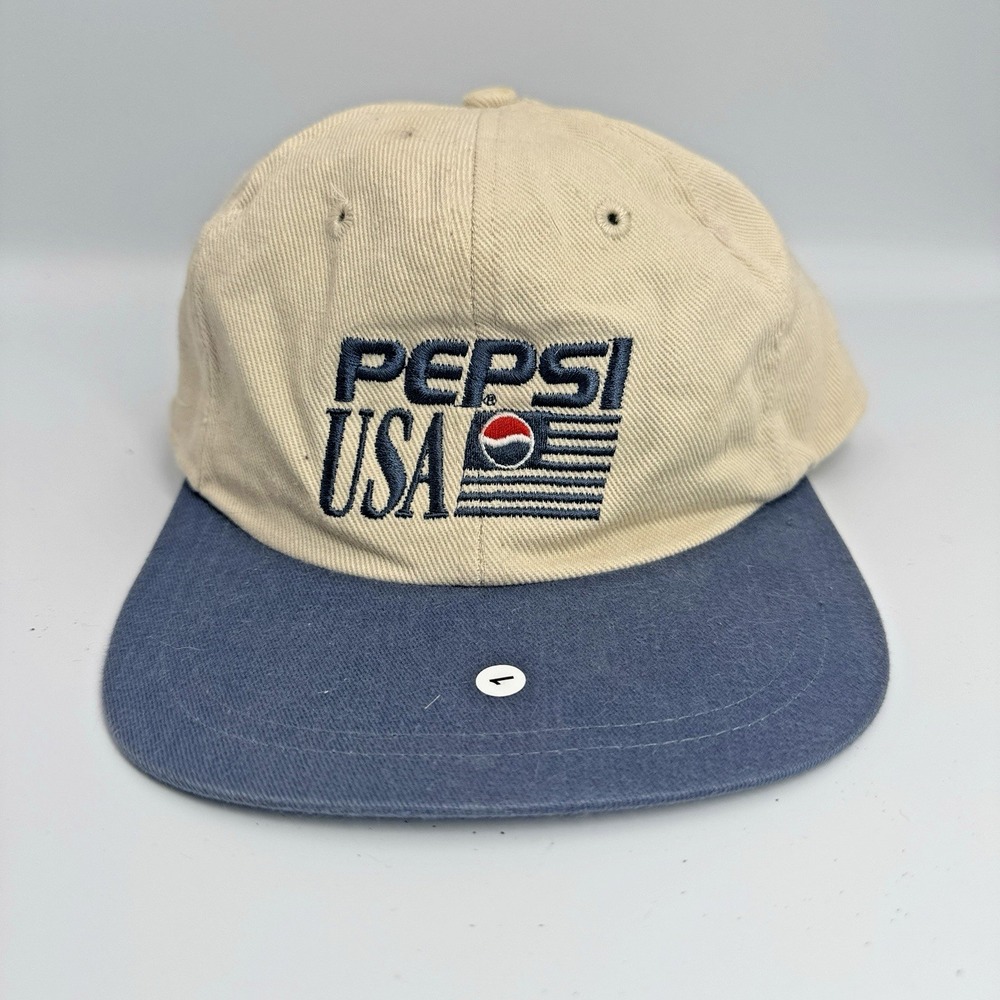 Vintage 90s Pepsi USA Strapback Hat Beige Navy Blue Embroidered Logo Cap